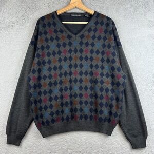 VTG Consensus Sportswear Sweater Mens Large Gray V Neck Argyle Knit Wool Blend